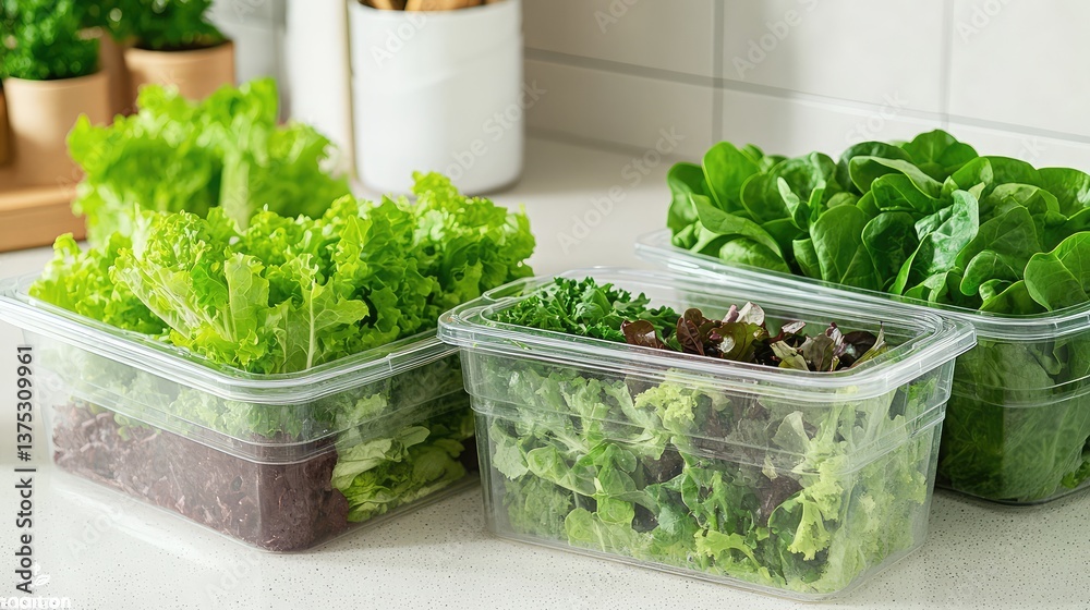 Organic lettuce, spinach, and arugula stored in transparent containers on a kitchen countertop, with ample room for branding above.