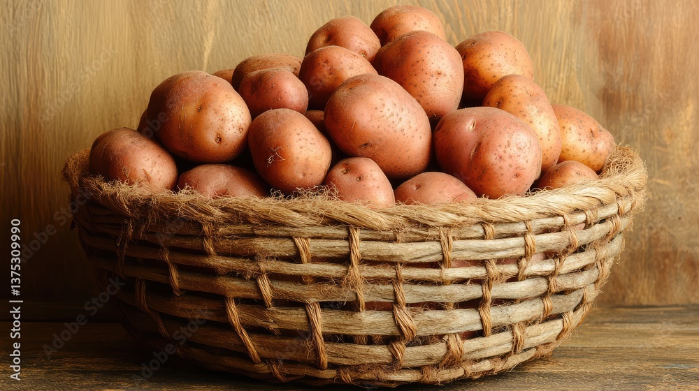 Organic potatoes and carrots stored in a woven basket on a rustic table with plenty of space above for promotional text.