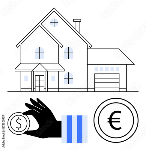 Modern house with large windows and garage, next to hand holding coins representing dollar and euro currencies. Ideal for real estate, investment, savings, loans, home ownership, finance