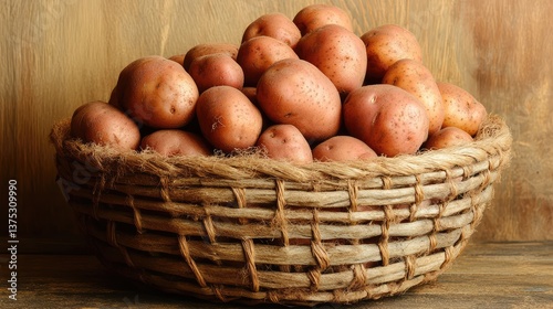 Obraz na płótnie Organic potatoes and carrots stored in a woven basket on a rustic table with plenty of space above for promotional text. w salonie