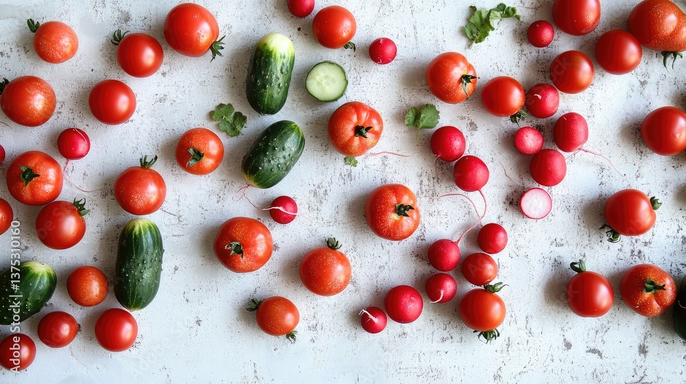 Organic tomatoes, cucumbers, and radishes scattered on a white surface, leaving room for branding or promotional text.
