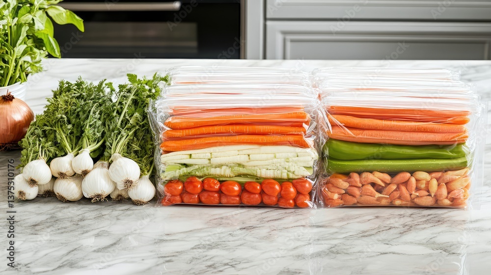 Organic vegetables like carrots, bell peppers, and onions stored neatly in plastic bags with clean space for branding or copy.