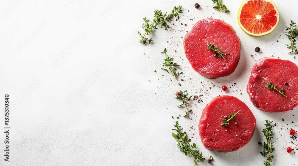 Raw beef tenderloin steaks on a clean white surface with clear space above for promotional text. Raw beef tenderloin steaks on a clean white surface with clear space above for promotional text.