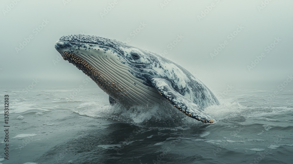 Fototapeta premium Majestic Humpback Whale Breaching in Misty Ocean