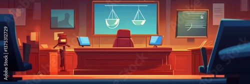 a cartoon courtroom scene with a judge's bench and scale of justice on screen. The illustration evokes the ambiance of justice