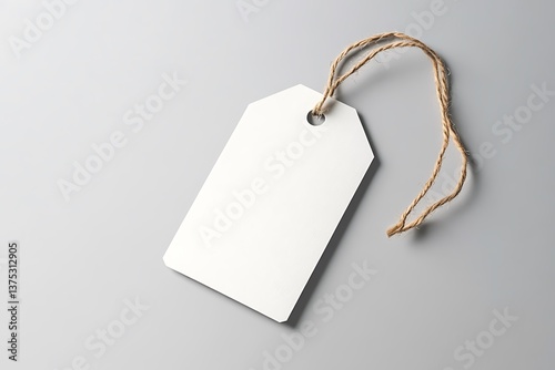 Blank white tag with natural twine against a pale gray background for price mockups