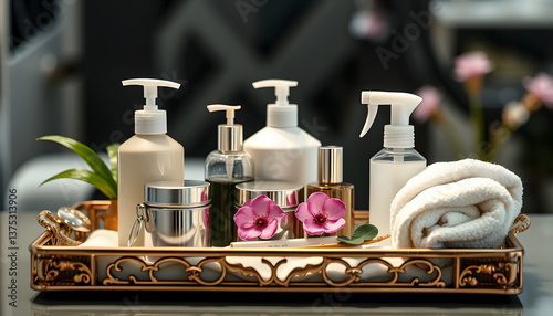 Tray with spa supplies in salon , with white tonespng