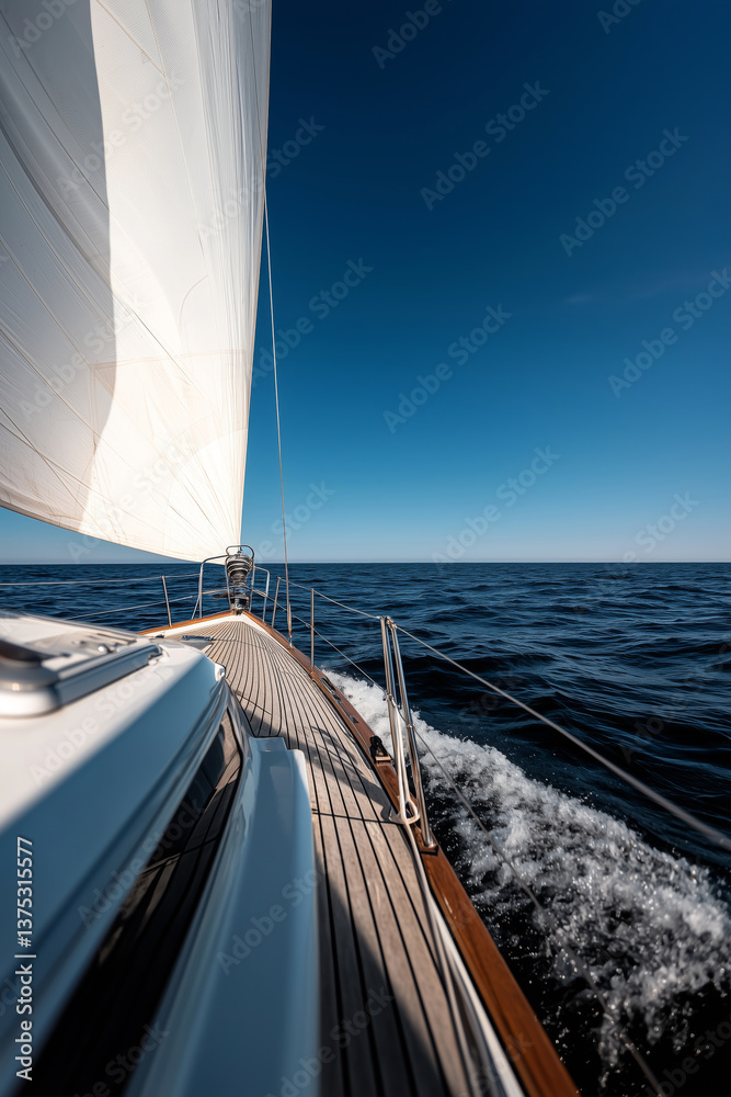 Obraz premium Sailing yacht cruising on open sea during calm weather, deck view perspective