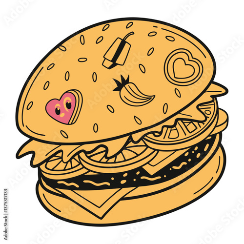 Fun Cartoon Burger Illustration, Delicious Cheeseburger Doodle with Emoji and Love Icons