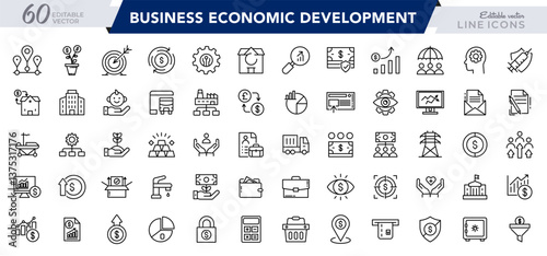 Business Economic Development line icon set. Entrepreneurship, containing business, economic stimulus, trade expansion, sustainable Development,  outline icon collection. UI thin outline icon pack