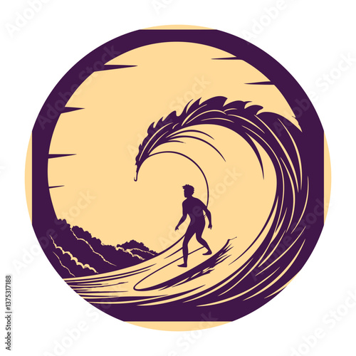 Sunset Surfing Illustration,  Surfer Riding a Wave in Retro Beach Art Style