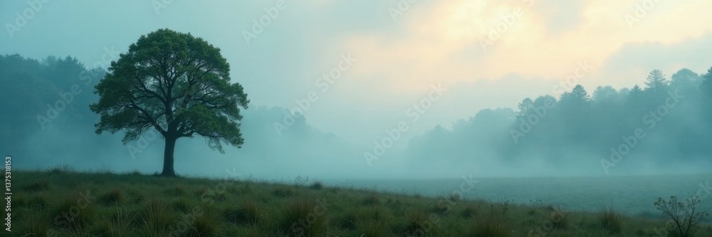 Naklejka premium A serene forest scene with a single tree standing alone in the misty atmosphere , nature, tree, mist