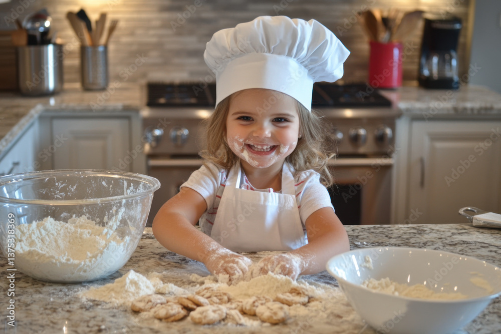 Smiling child making cookies in kitchen wearing chef hat and apron Smiling child making cookies in kitchen wearing chef hat and apron