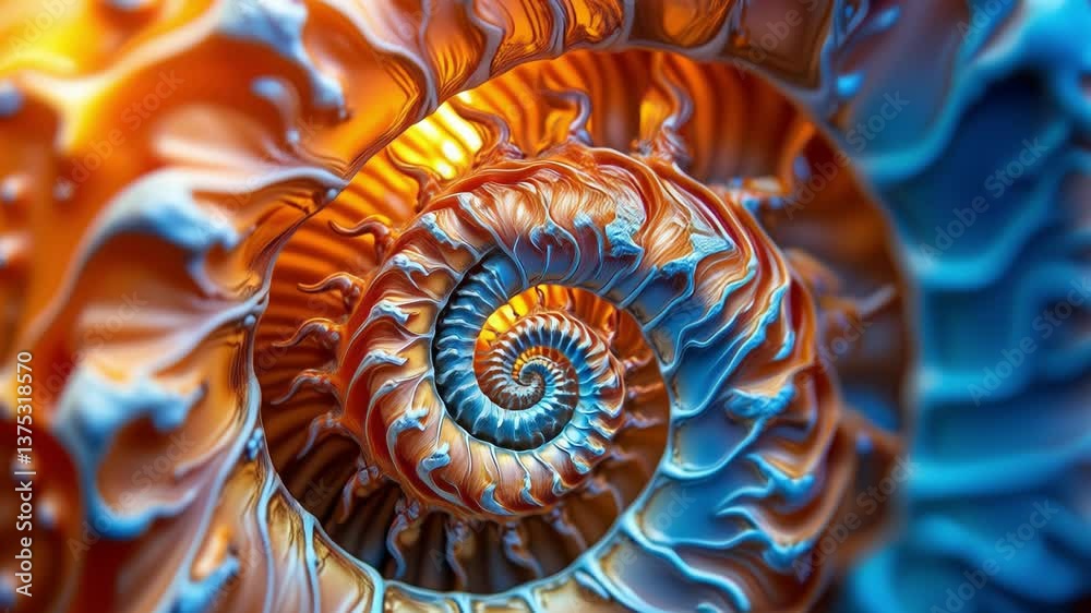 Beautiful and Intricate Close-up of a Colorful Nautilus Shell with Spiraling Patterns and Soft Light Effects Captivating Nature Inspiration