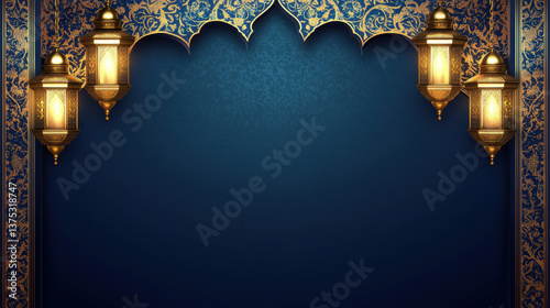 Elegant blue background with golden Islamic patterns and lanterns for the Ramadan Kareem celebration, with copy space concept