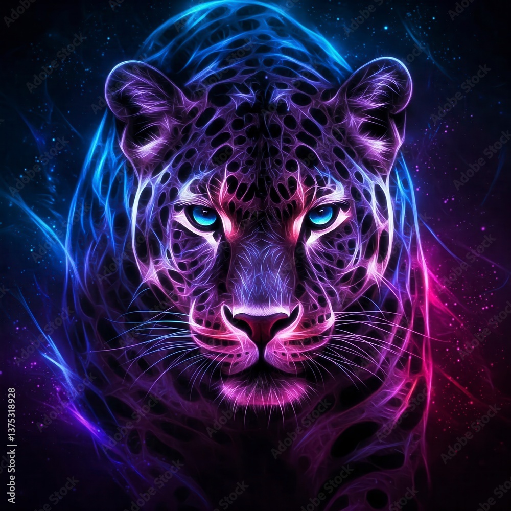 Intense and close-up portrait of a jaguar or leopard with glowing blue eyes.
Intense and close-up portrait of a jaguar or leopard with glowing blue eyes.