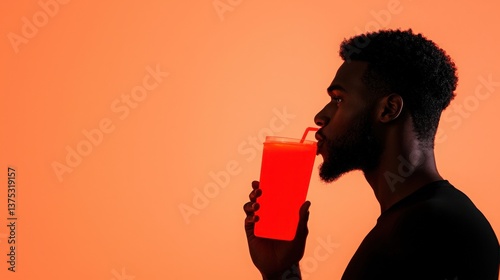 Man Drinking Refreshing Beverage, Silhouette of a man enjoying a red drink.