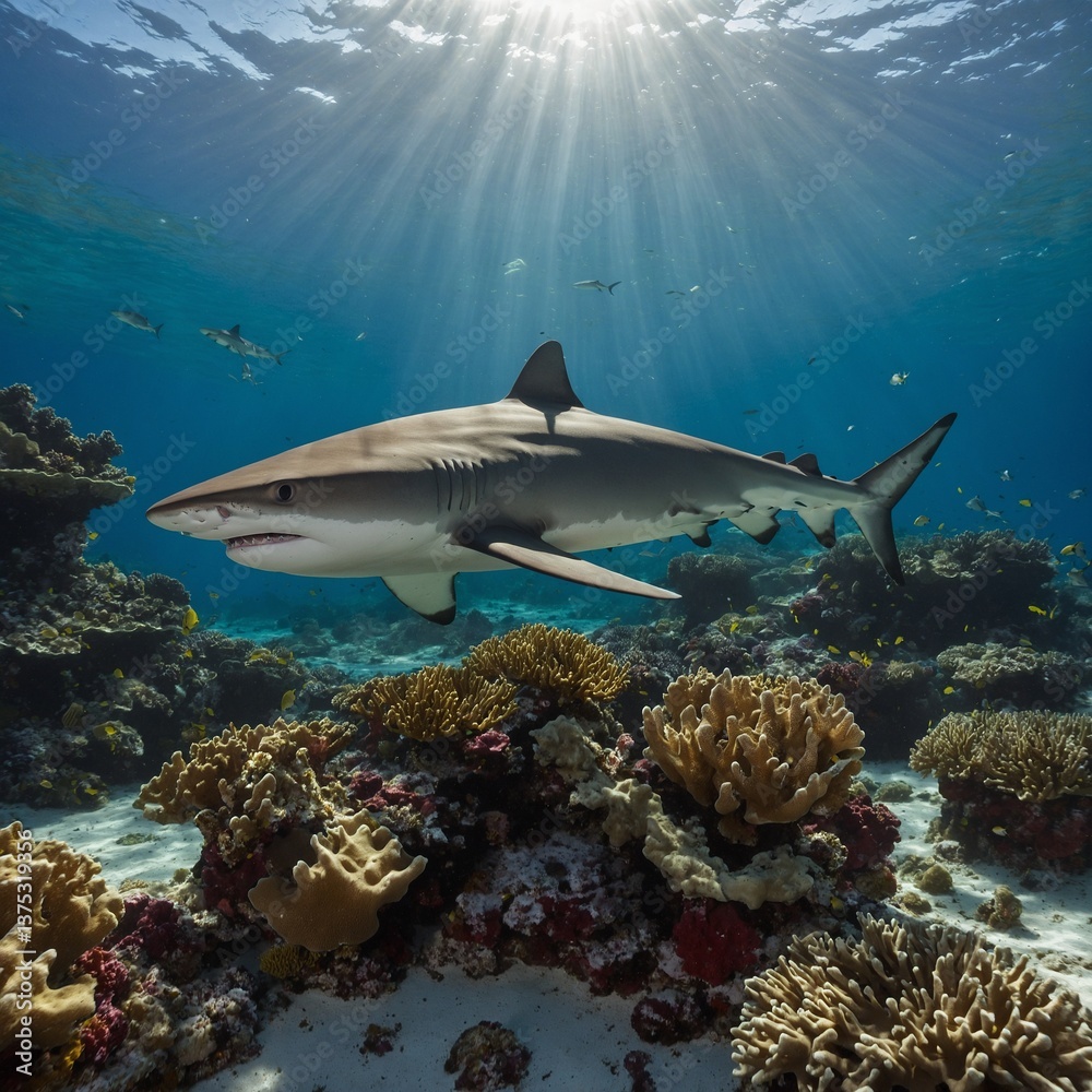 Fototapeta premium Blacktip Reef Shark Roaming the Coral Reefs