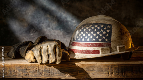 American flag hard hat and gloves on wooden surface Labor Day
