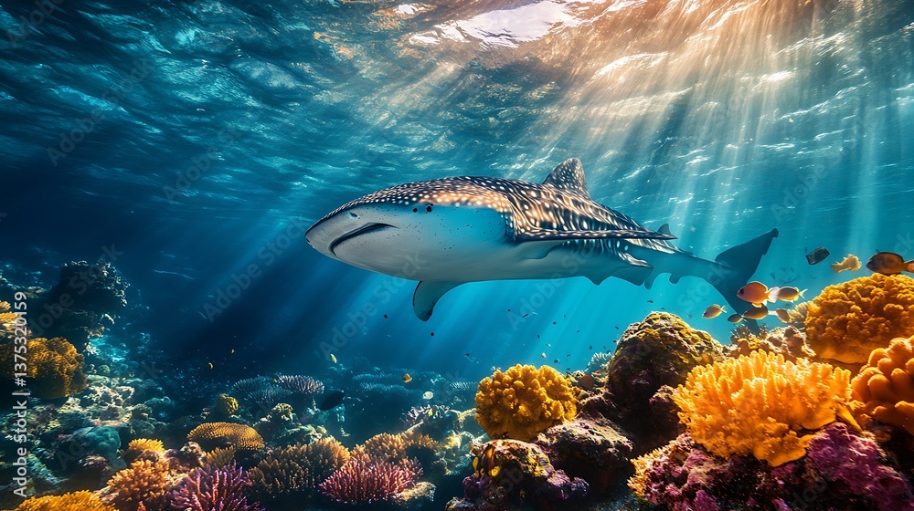 Fototapeta premium Whale Shark's Aquatic Dance: Majestic whale shark gracefully navigates its coral reef habitat, rays of sunlight stream down through the water, bringing a sense of peace.
