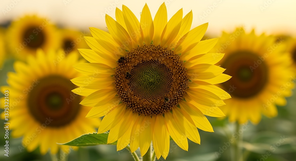 Fototapeta premium A vibrant sunflower field basking in golden sunlight, a symbol of summer's warmth and joyful abundance.