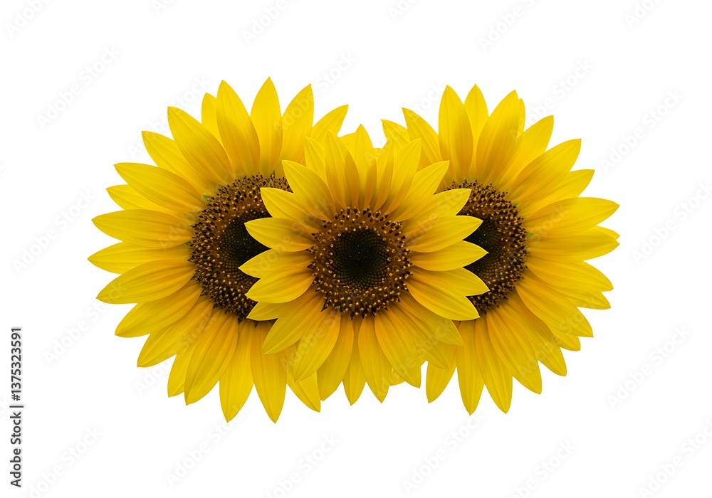 Naklejka premium Three vibrant sunflowers blooming together, symbolizing unity and summer's warmth against a pure white backdrop.