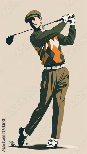 Illustrative depiction of a golfer swinging a golf club with argyle sweater and brown cap in a vintage-inspired color palette and design.