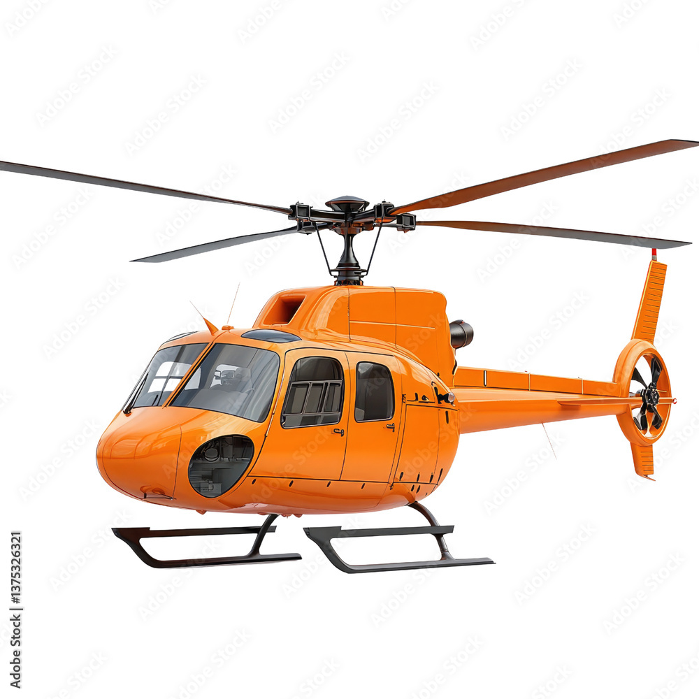 Fototapeta premium A vibrant orange helicopter ready for takeoff, gleaming under bright studio lighting, poised for adventure.