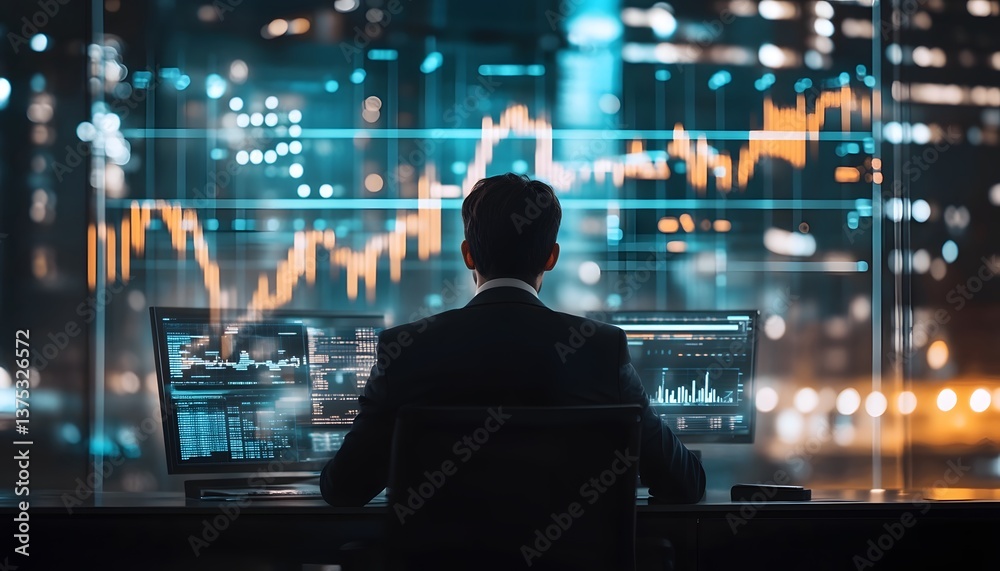 A business professional analyzing data on multiple screens at night with a city skyline in the background, showcasing the intersection of technology and finance in modern corporate A business professional analyzing data on multiple screens at night with a city skyline in the background, showcasing the intersection of technology and finance in modern corporate