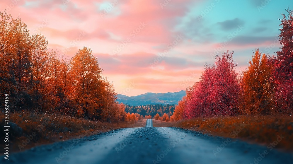 Naklejka premium Cinematic autumn sunset over scenic road amidst vibrant trees nature landscape peaceful environment