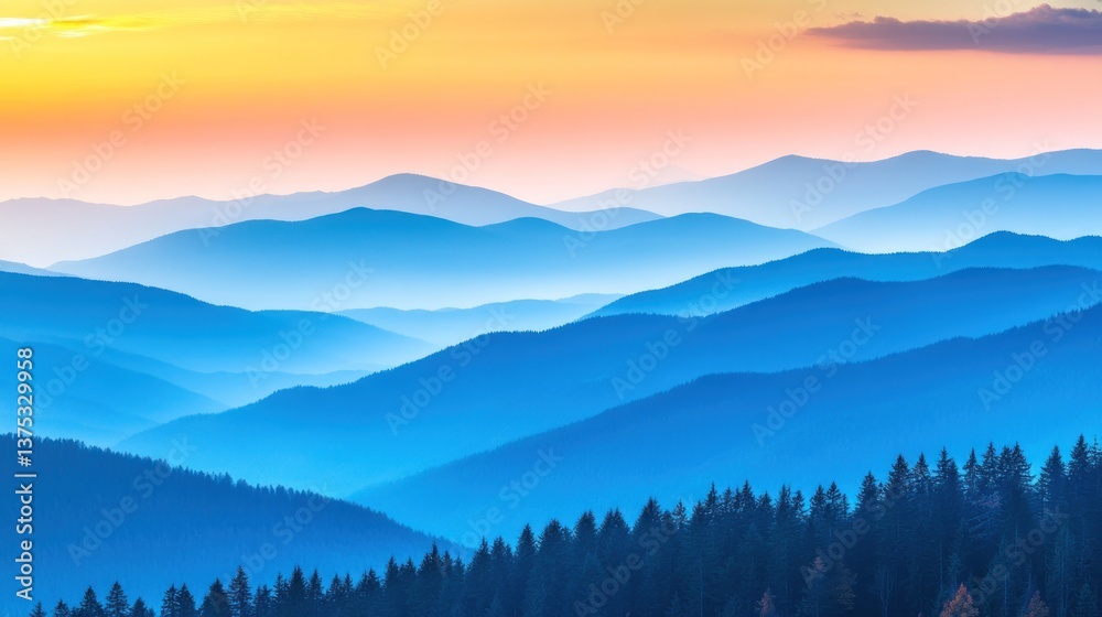 Majestic mountain range at sunrise. Layers of blue and orange hues paint the peaks Majestic mountain range at sunrise. Layers of blue and orange hues paint the peaks