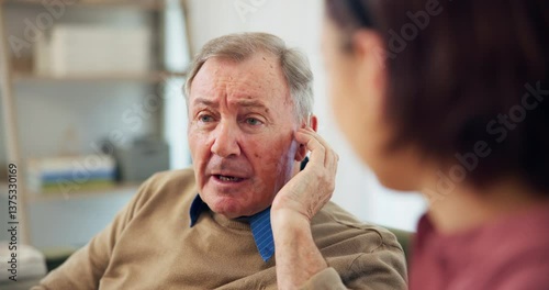 Wallpaper Mural Nurse, mature man and hearing aid on ear for medical support, wellness and innovation. Person with a disability, healthcare worker and deaf patient with audiology implant, service and sound check Torontodigital.ca