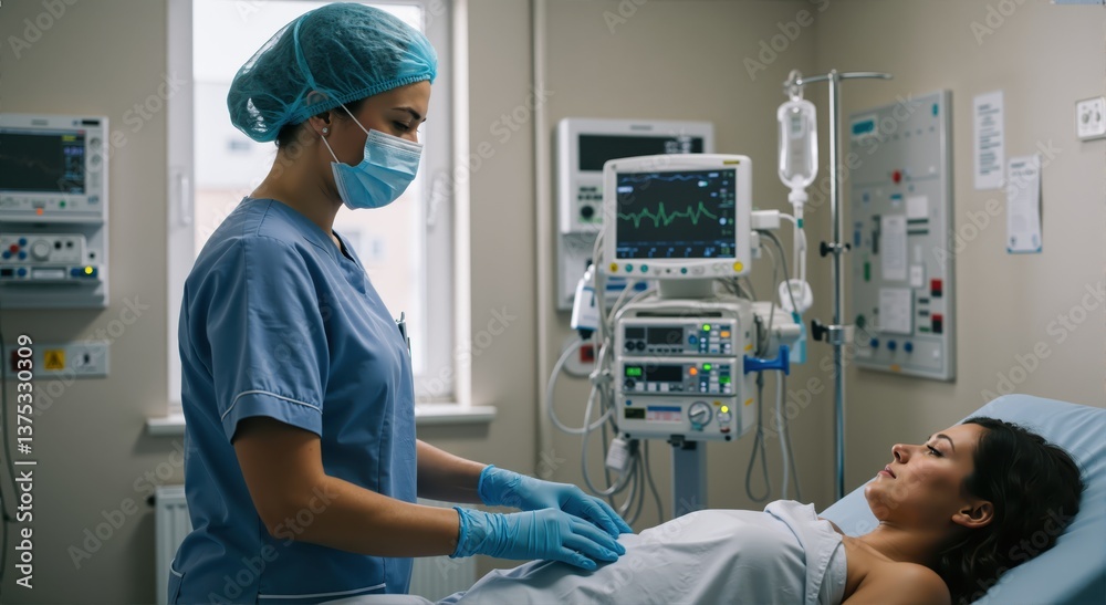 Naklejka premium Nurse caring for patient in hospital room with medical equipment 