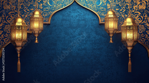 Elegant blue background with golden Islamic patterns and lanterns for the Ramadan Kareem celebration, with copy space concept