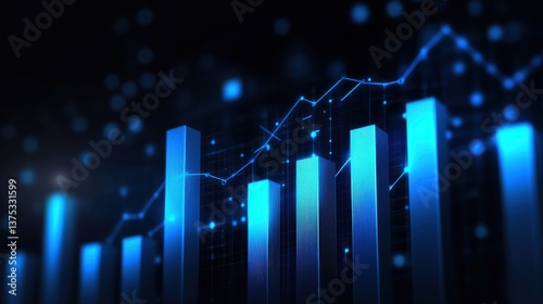 A dark background with neon blue business graphs, bar charts, and investment trends.