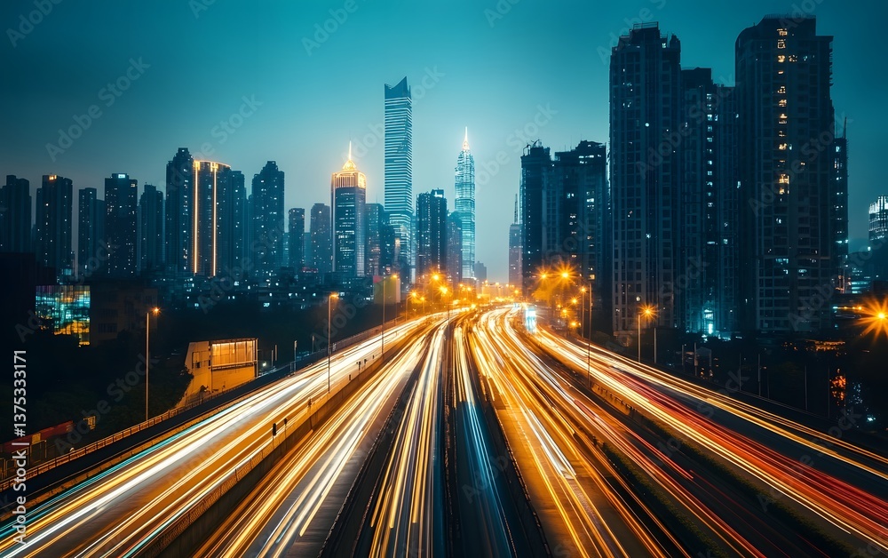 A stunning view of a bustling city skyline at night, with vibrant light trails from moving vehicles, showcasing the dynamic energy and modern architecture of urban life. A stunning view of a bustling city skyline at night, with vibrant light trails from moving vehicles, showcasing the dynamic energy and modern architecture of urban life.