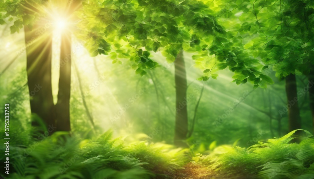 Fototapeta premium Enchanted Forest Sunlight: Abstract Natural Scene. Modern Woodland Illustration, Green Leaves Background, Fairy Tale