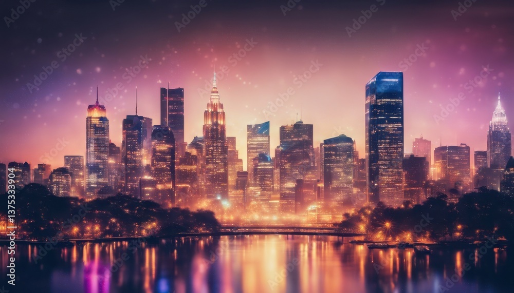 Fototapeta premium New York City Skyline at Night: Abstract Urban Background. Modern Design Element, Cityscape Illustration, Night Lights