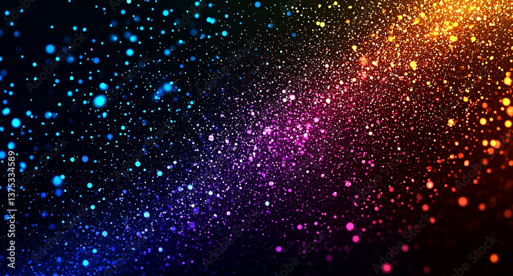 Fototapeta premium Colorful gradient background with grainy texture, featuring vibrant dots in blue, purple, pink, orange, and yellow hues. This abstract design creates dynamic visual effect