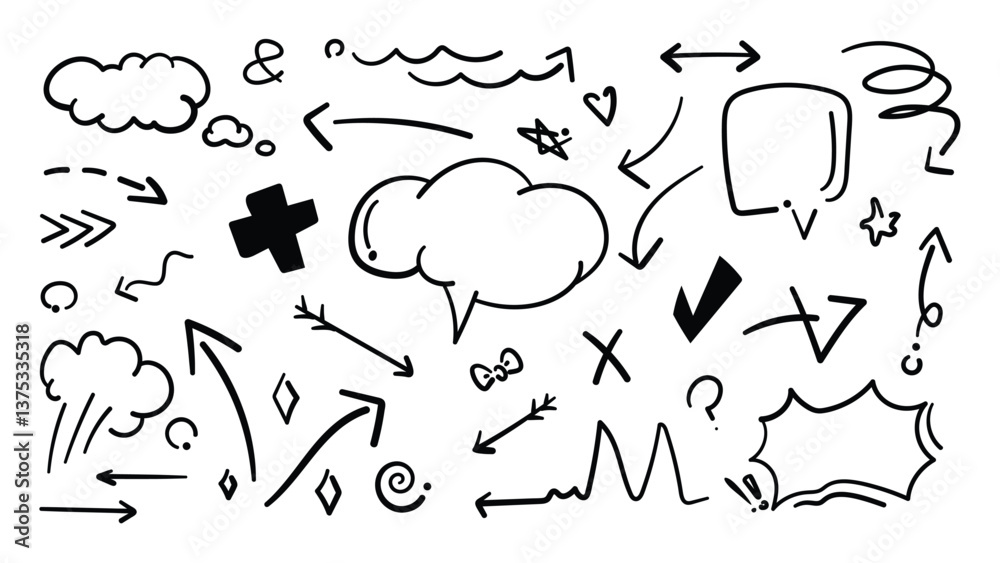 Set of cute pen line doodle element vector. Hand drawn doodle collection of heart, arrows, scribble, speech bubble, star. Design for print, cartoon, card, decoration, sticker. Set of cute pen line doodle element vector. Hand drawn doodle collection of heart, arrows, scribble, speech bubble, star. Design for print, cartoon, card, decoration, sticker.