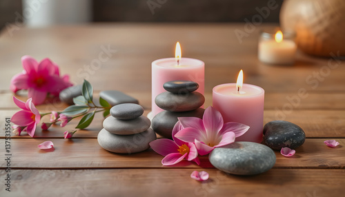 Pink candles with pink flowers and zen stones on wooden table.  Beauty spa treatment and relax concept , with white tonespng