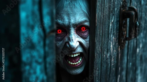 Creepy and scary old woman with red eyes, in horror style, figure screaming with creepy teeth in dark doorway   