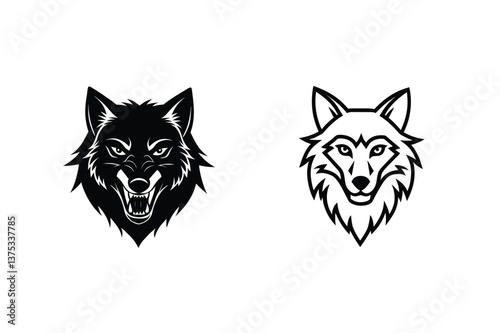 Two Wolf Head Designs Black, Line Art, Mascot, Logo, Vector, Graphic, Illustration, Wild, Animal, Ca