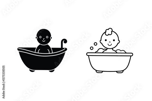 Baby Bath Time Icons, Silhouette, Outline, Tub, Infant, Cleanliness, Hygiene, Bubbles, Water, Care