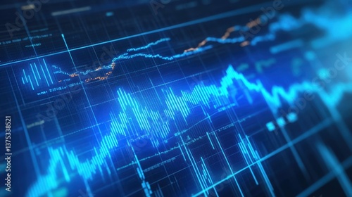A real-time financial data monitor with glowing blue market graphs and stock trends.