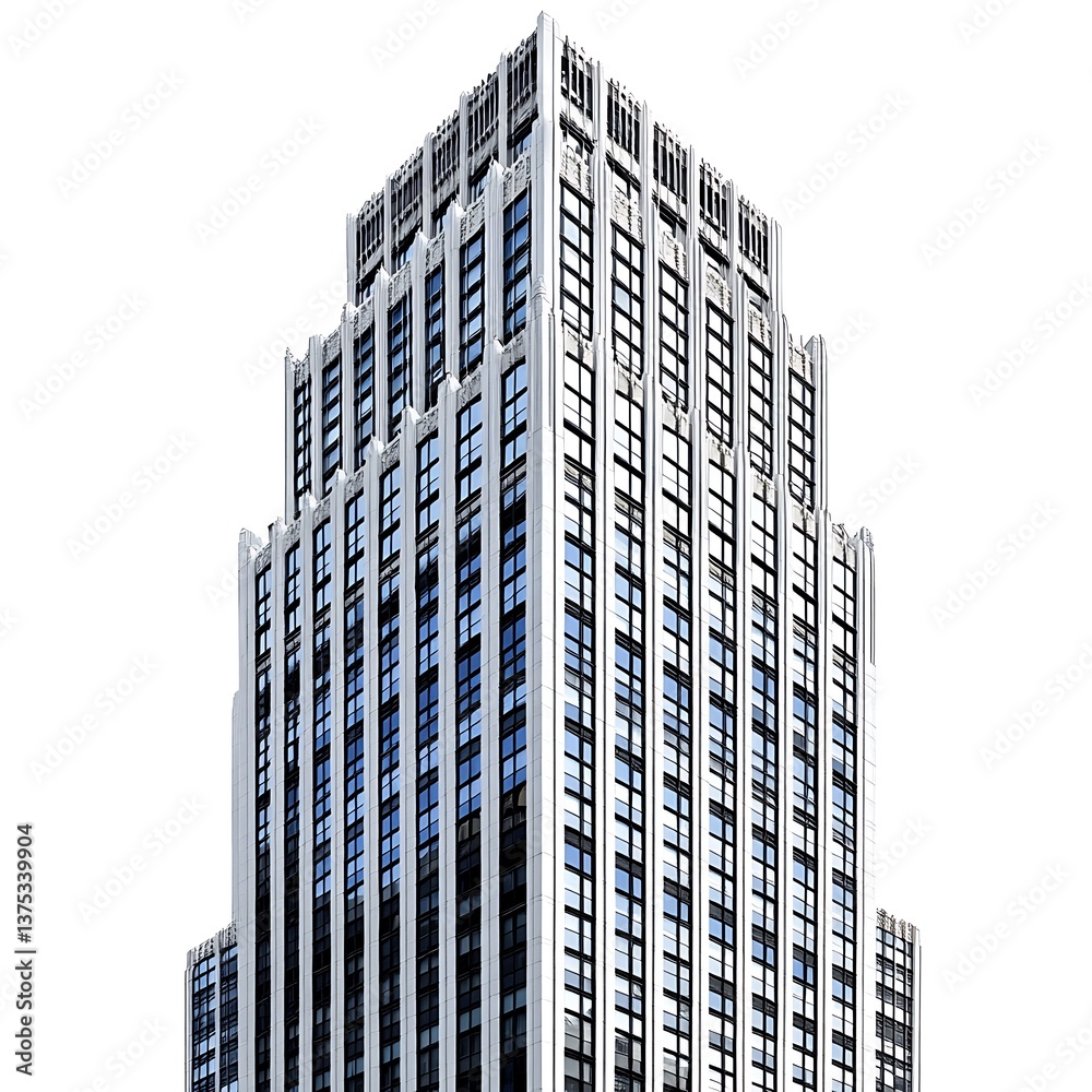 Fototapeta premium Modern Glass Skyscraper with White Facade Against White Background