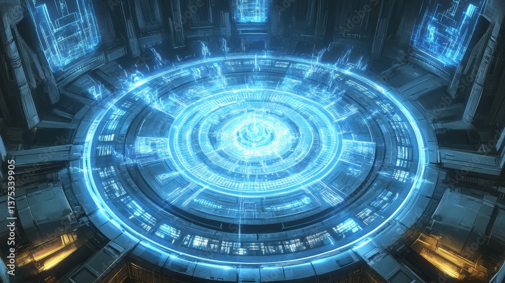 Obraz premium A top-down view of a glowing blue financial dashboard with key economic indicators.