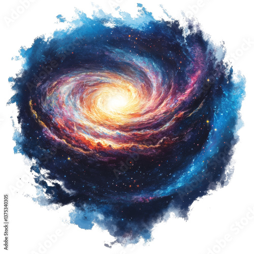 A colorful spiral galaxy with a bright yellow sun in the center