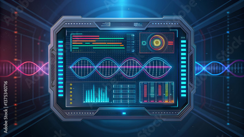 futuristic interface displays biotechnology data with gene editing visuals, showcasing vibrant graphs and DNA sequences in high tech environment