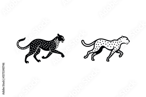 Cheetah Illustrations Black, White, Silhouette, Running, Wildlife, Design, Art, Graphic, Vector, Ani